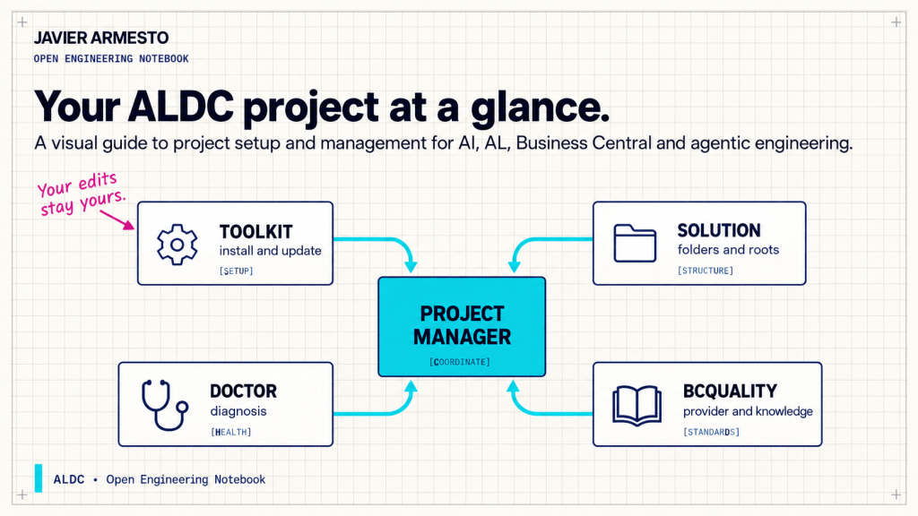 ALDC Project Manager connects toolkit updates, solution roots, Doctor diagnostics and BCQuality configuration.